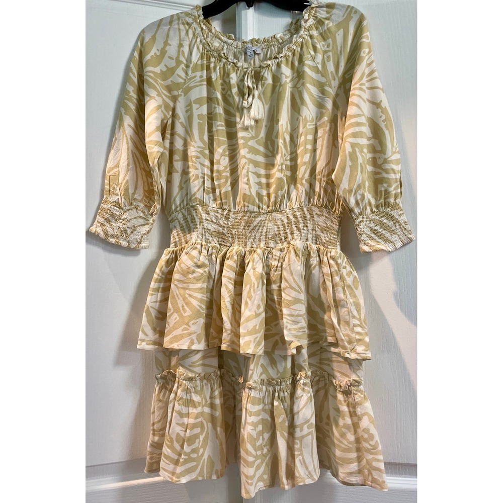 Patrons of Peace Dress M Smocked Waist Ruffle Tiered Peasant Tassel Boho Biege